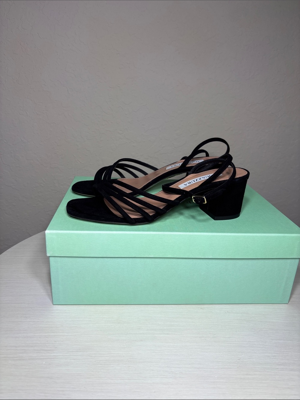 Aquazzura Latour 50 Black
Suede Strappy Block Heel Sandals
- Size 37.5 NIB - Picture 6 of 10
